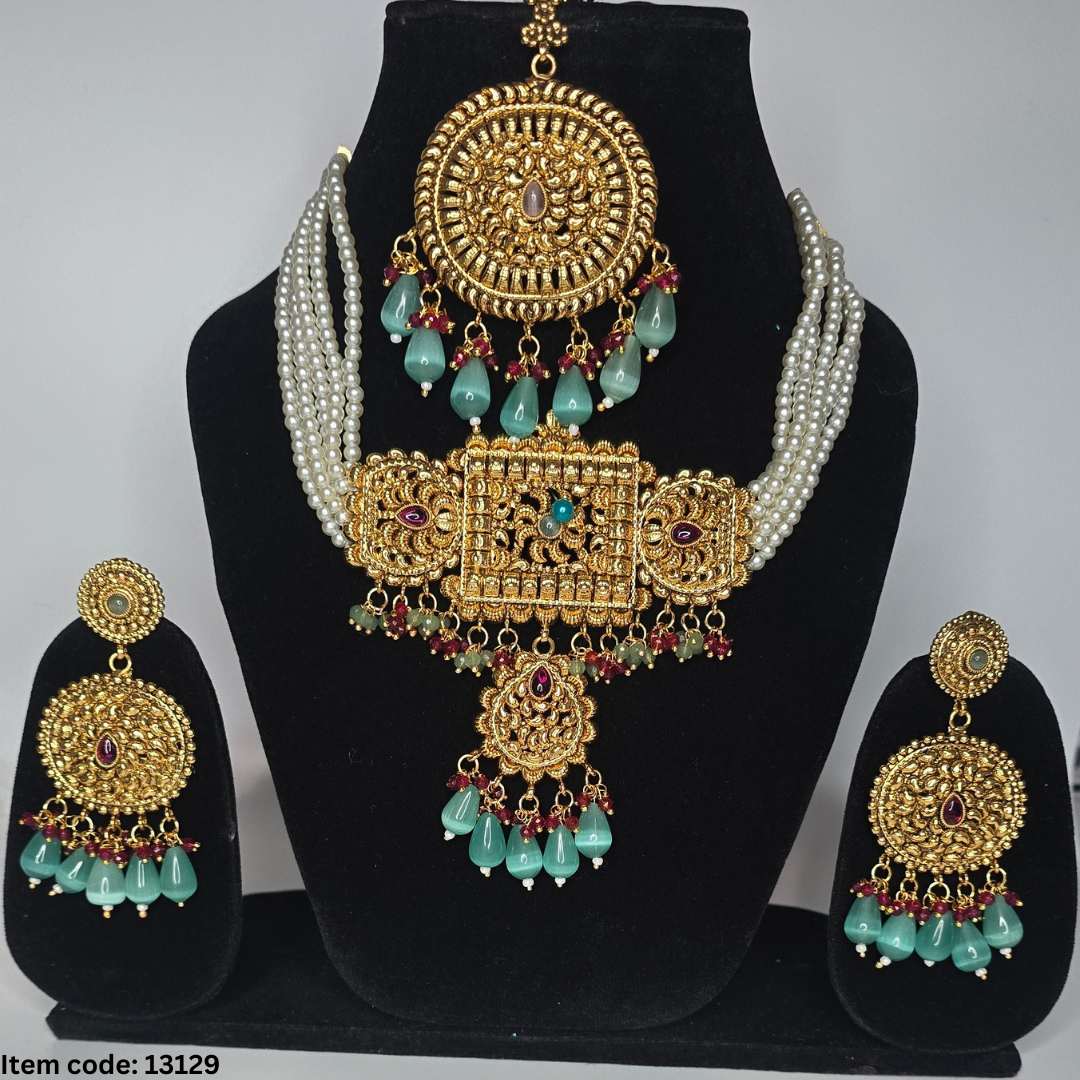 ONE GRAM GOLD PLATED CHOKER SET WITH EARRINGS TIKKA