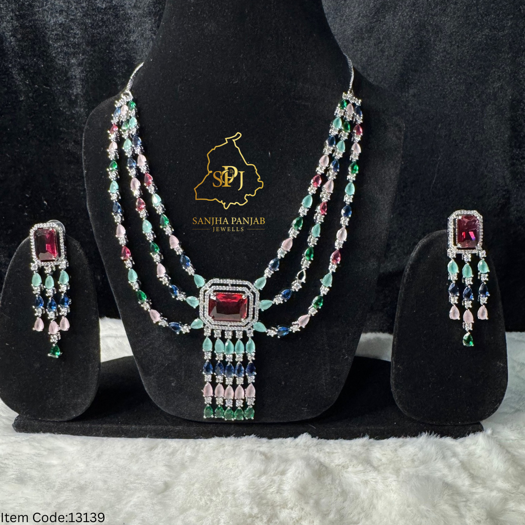AMERICAN DIAMOND MULTI COLOR LAYERED NECKLACE SET
