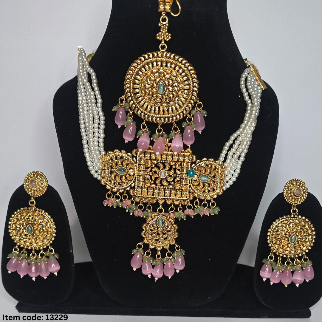 ONE GRAM GOLD PLATED CHOKER SET WITH EARRINGS TIKKA