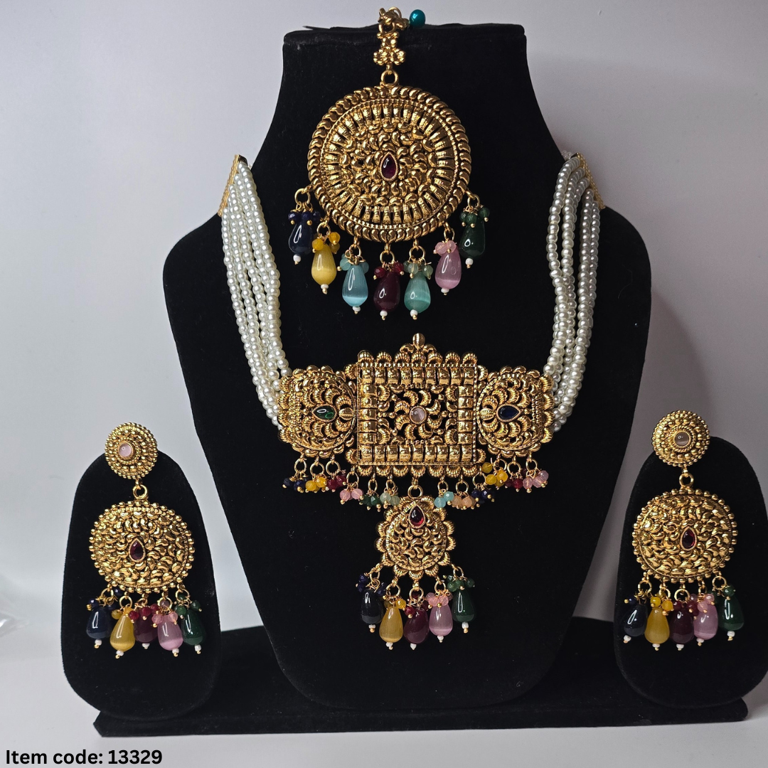 ONE GRAM GOLD PLATED CHOKER SET WITH EARRINGS TIKKA