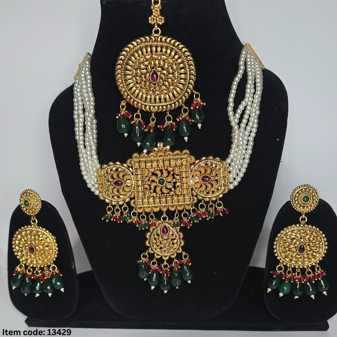 ONE GRAM GOLD PLATED CHOKER SET WITH EARRINGS TIKKA