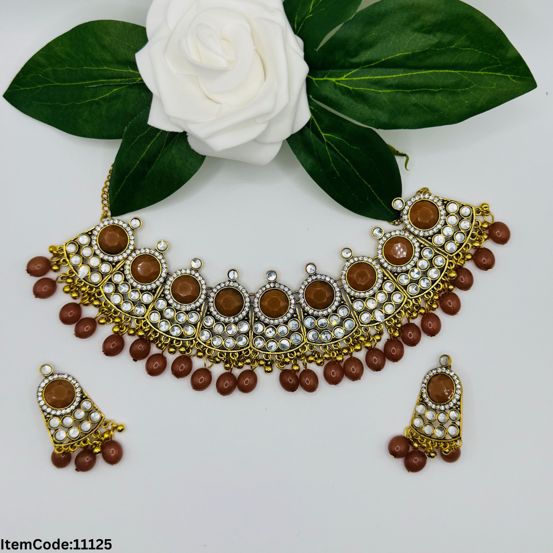GOLD PLATTED PAKISTANI STACKED CURVED STYLE CHOKER SET