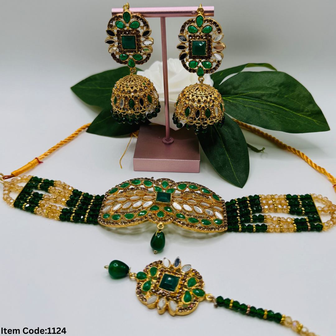 NAURATAN CHOKER SET WITH JHUMKI|TIKKA