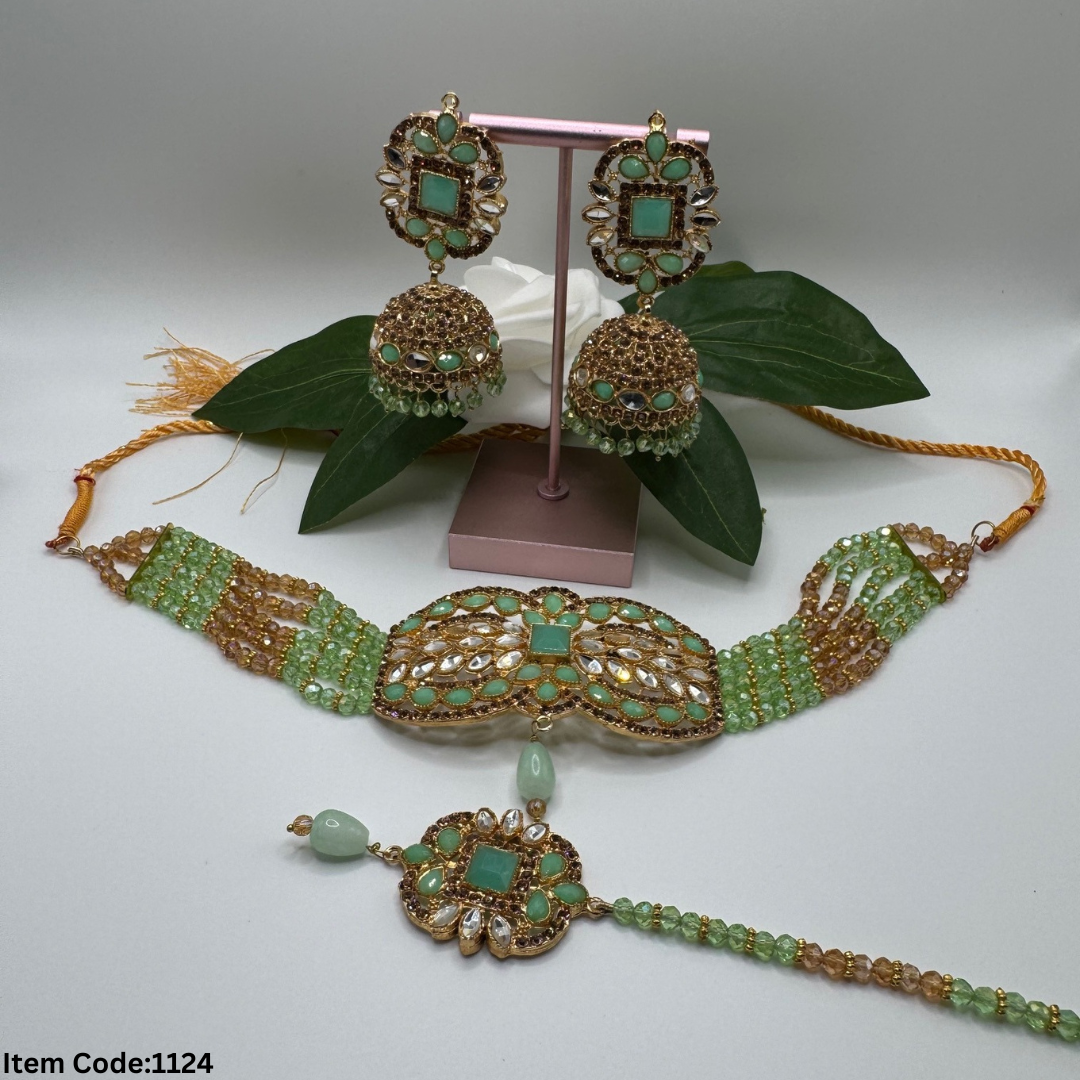 NAURATAN CHOKER SET WITH JHUMKI|TIKKA