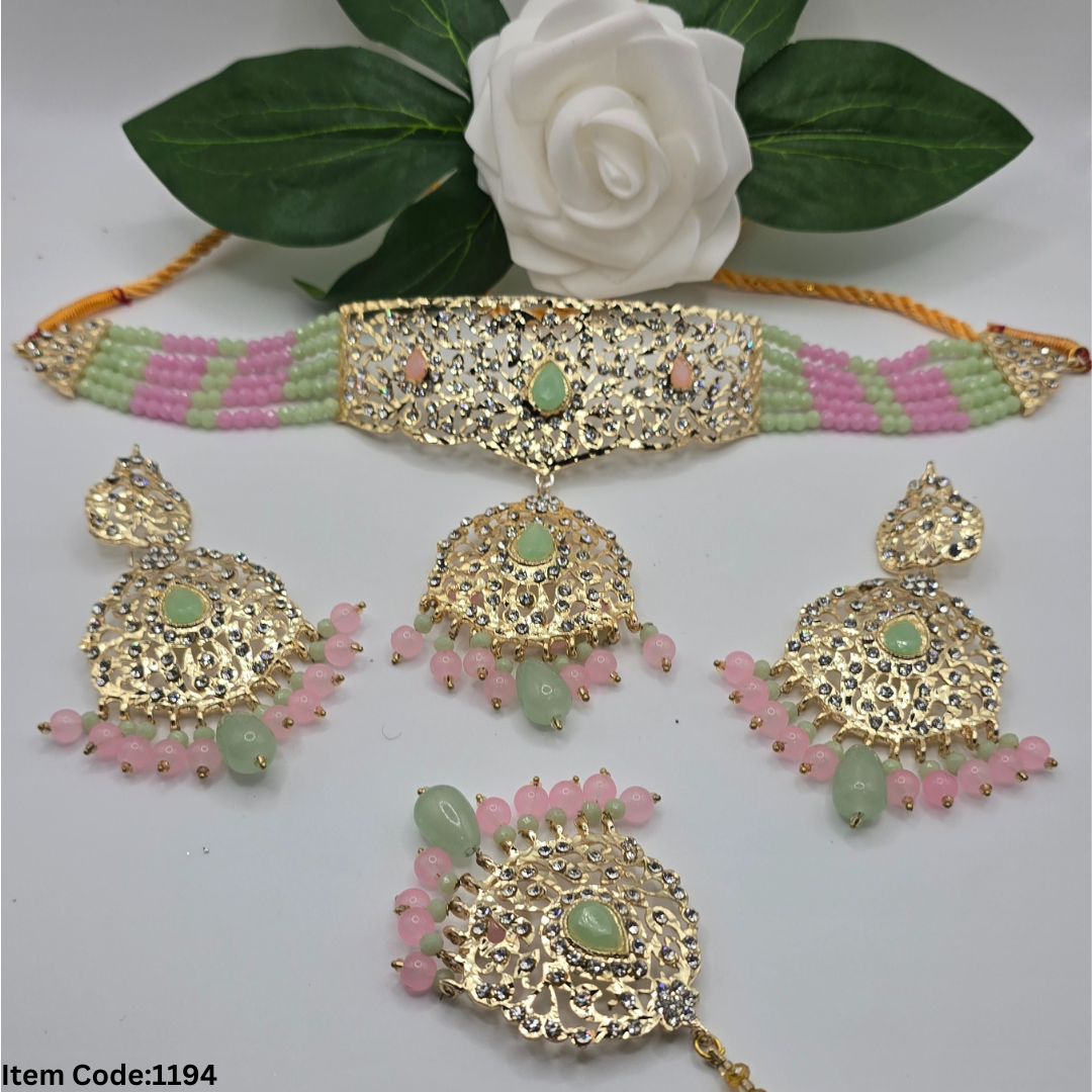 GOLD PLATED PAKISTANI LAYERED CHOKER WITH TIKKA
