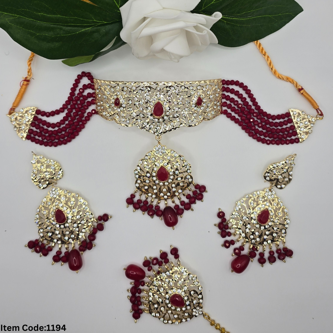 GOLD PLATED PAKISTANI LAYERED CHOKER WITH TIKKA