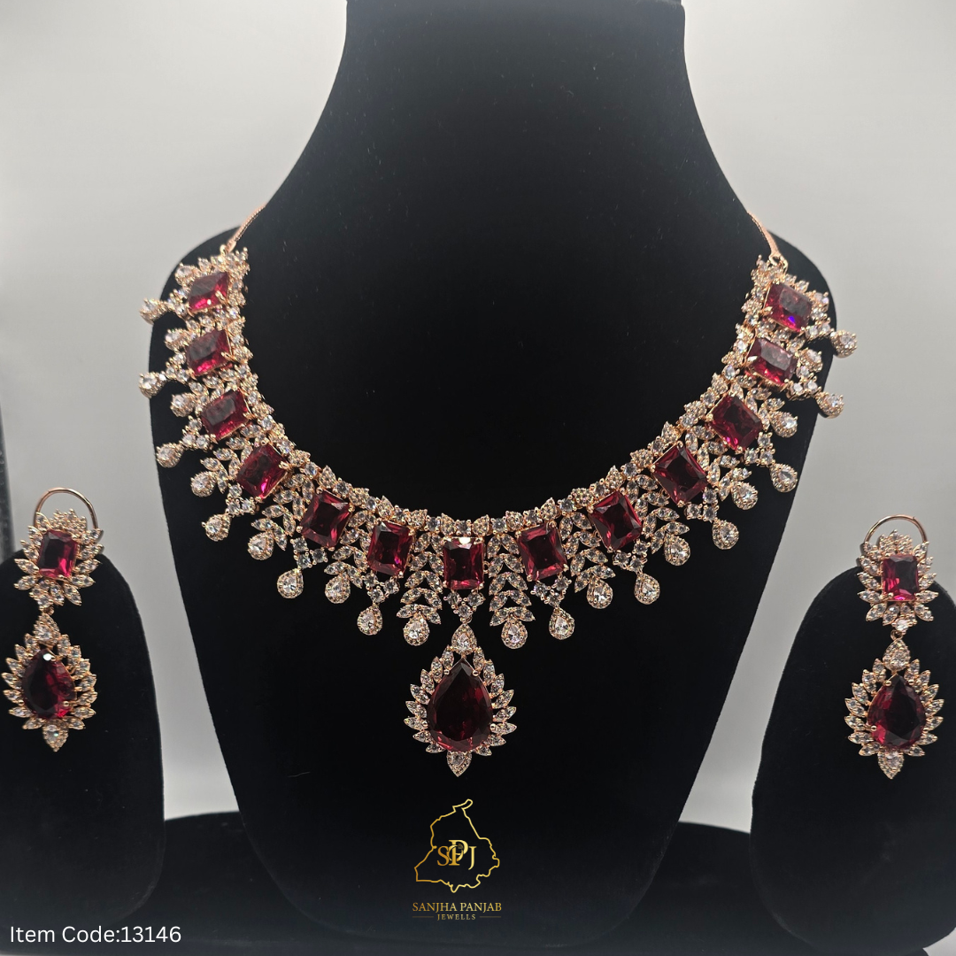 AMERICAN DAIMOND MOISSANITE ROSEGOLD MAROON NECKLACE SET