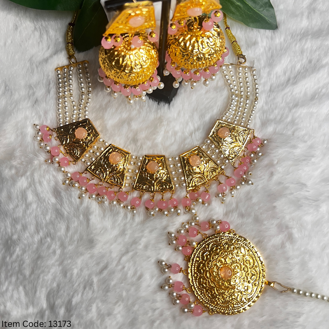 GOLD PLATED NECKLACE SET WITH JHUMKI |TIKKA