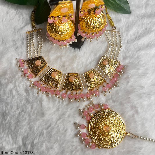 GOLD PLATED NECKLACE SET WITH JHUMKI |TIKKA