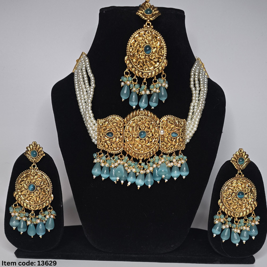 ONE GRAM GOLD PLATED CHOKER SET WITH EARRINGS TIKKA
