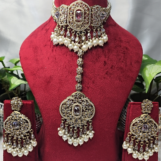 REVERSE AD/POLKI NECKLACE WITH EARRINGS TIKKA