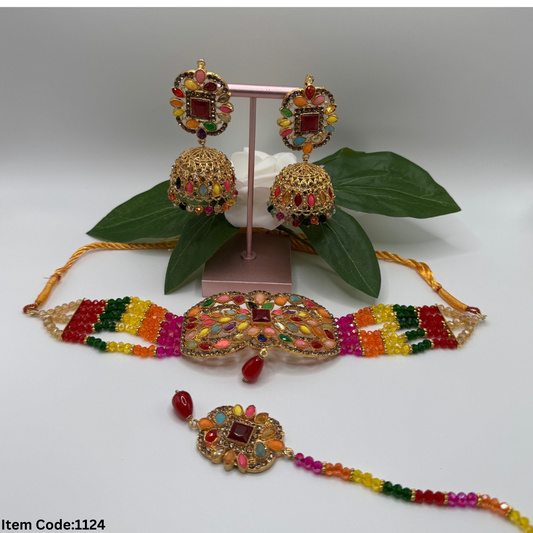 NAURATAN CHOKER SET WITH JHUMKI|TIKKA
